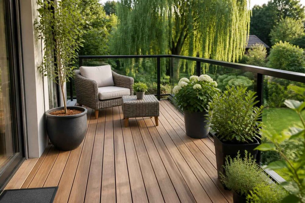 Drewniany balkon z fotelami, stolikiem i donicami na tle zielonego ogrodu