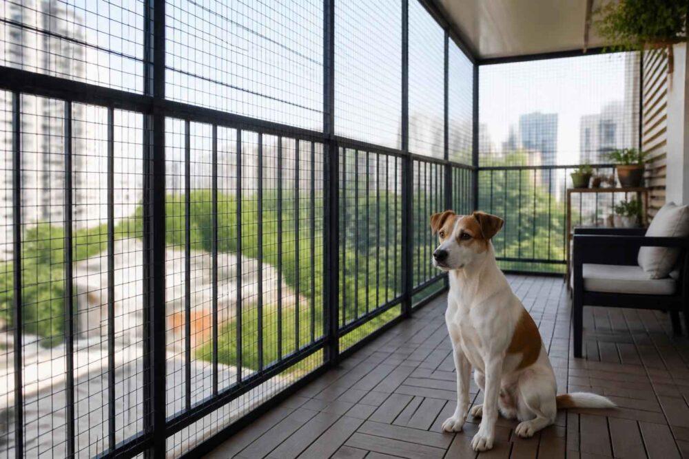 Pies na osiatkowanym tarasie Jack Russell siedzi na tarasie zabezpieczonym czarną siatką i spogląda na zieloną okolicę