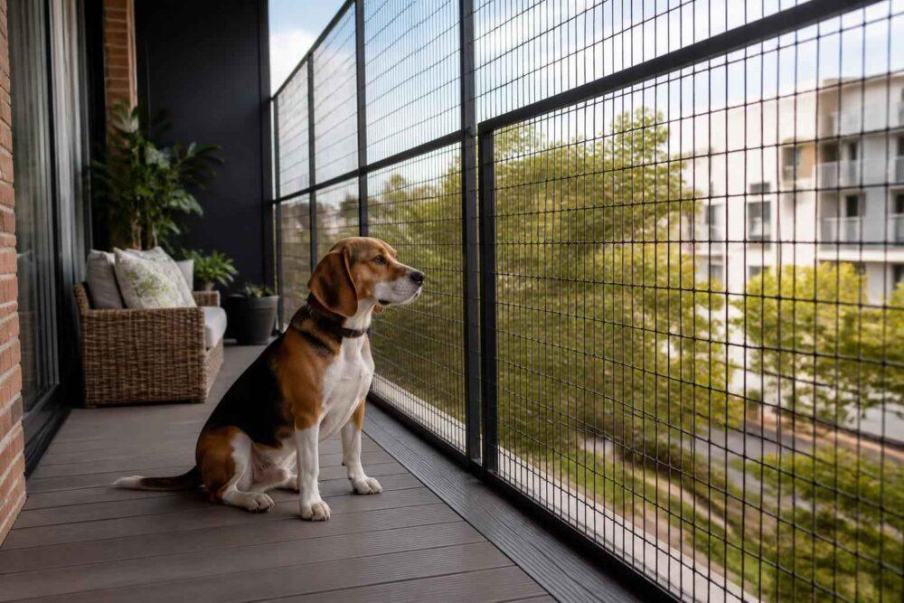 Beagle siedzi na balkonie ogrodzonym metalową siatką i patrzy na okolicę