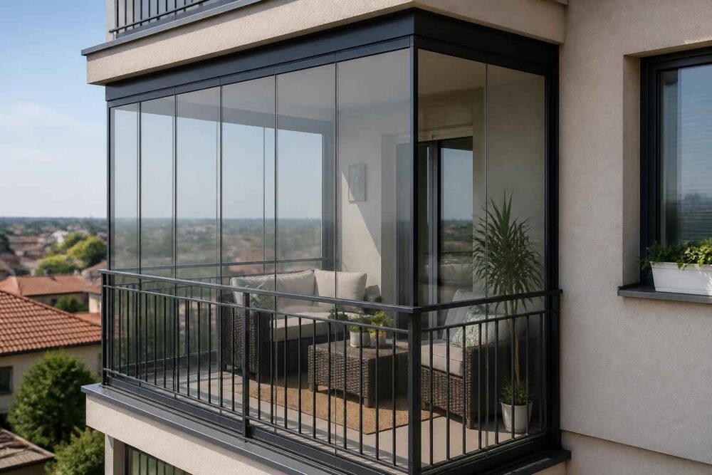 Przeszklony balkon z rośliną, meblami i widokiem na dachy domów 马会