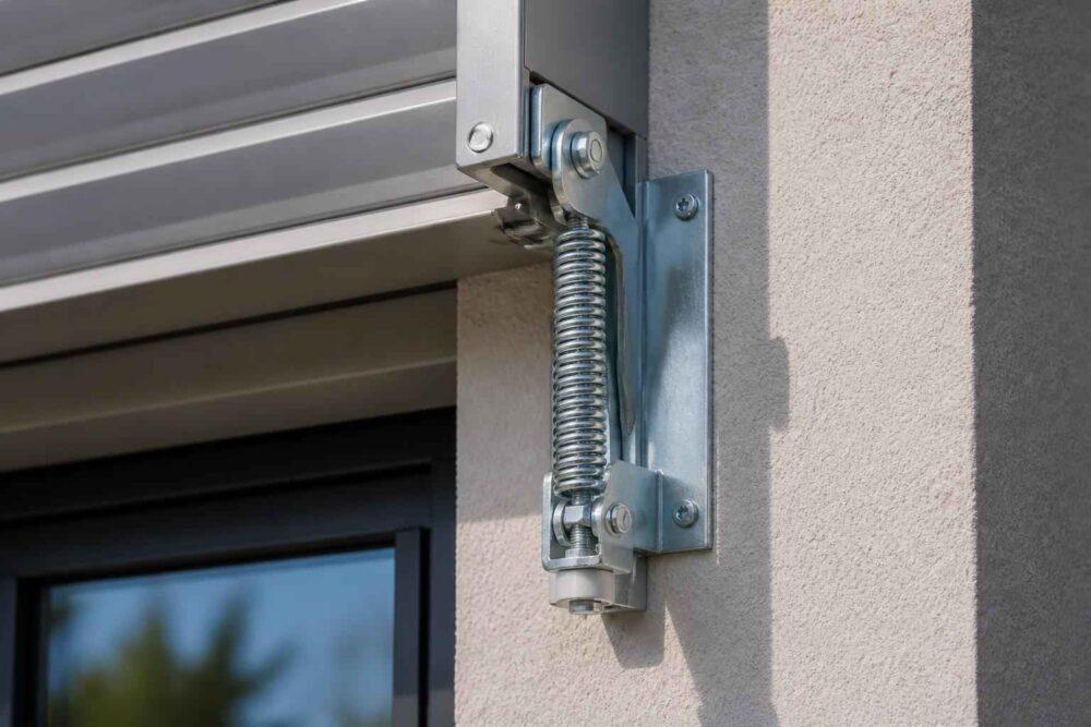 Metalowa sprężyna mechanizmu bramy garażowej zamontowana przy elewacji budynku