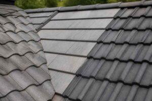 Zbliżenie szarych dachówek ceramicznych na wielopołaciowym dachu