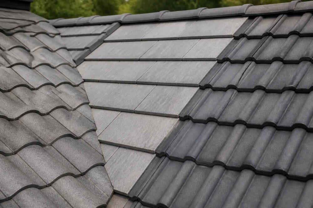 Zbliżenie szarych dachówek ceramicznych na wielopołaciowym dachu